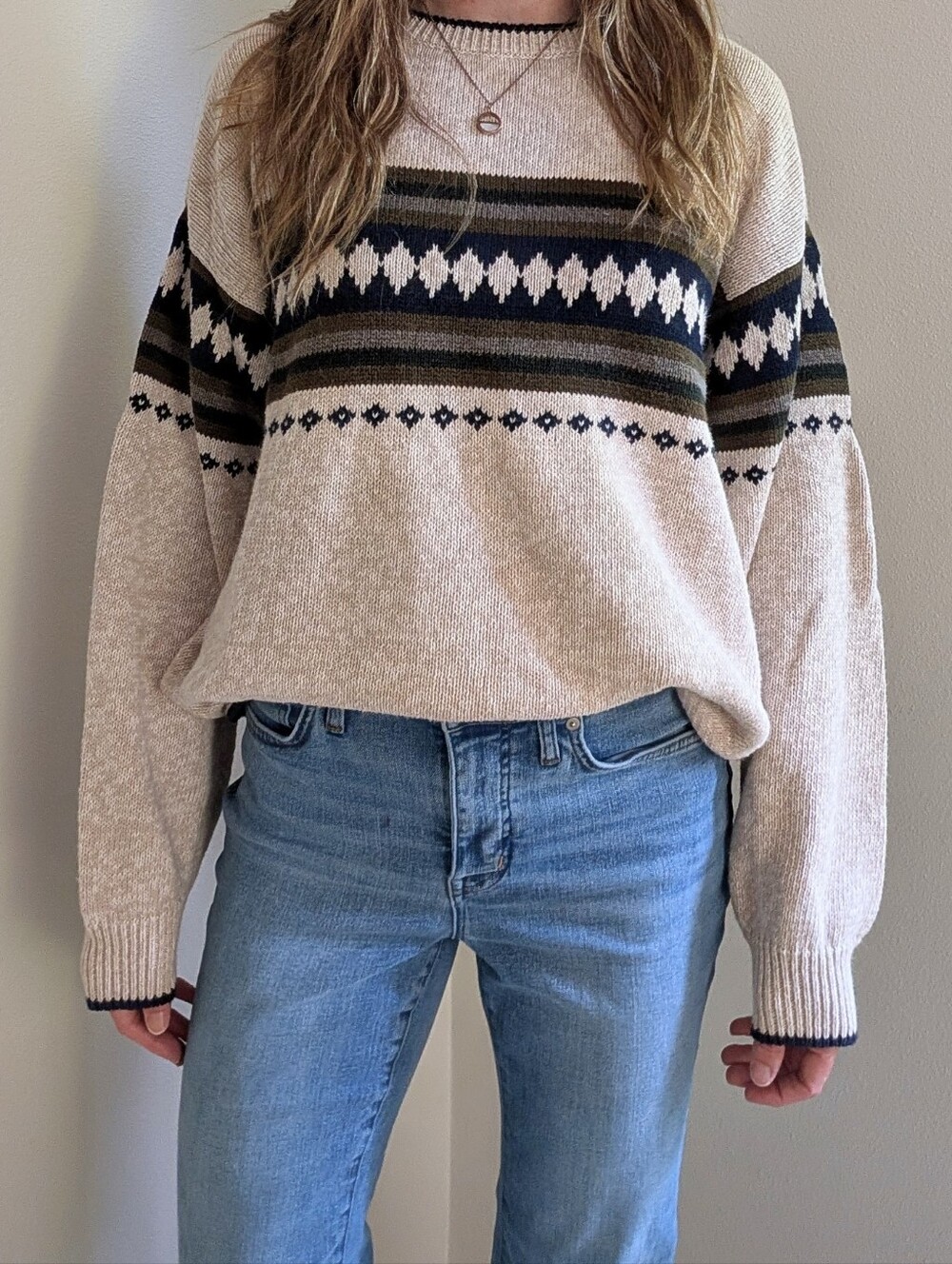 Vintage Abstract Geometric Chunky Crewneck Sweater In Ivory/Black